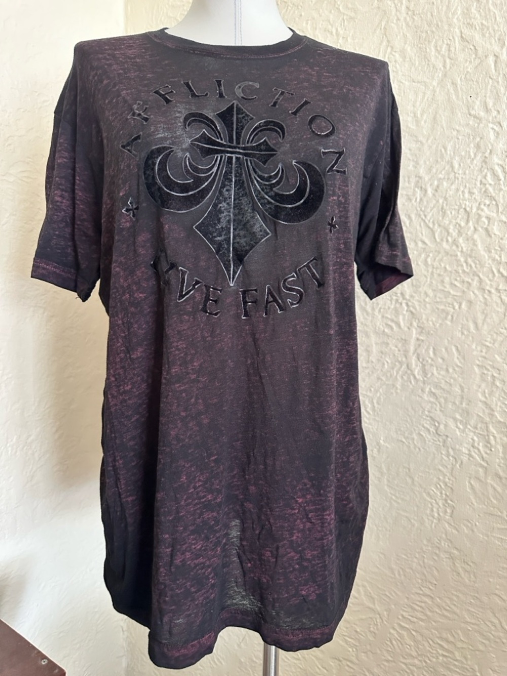 Affliction Live Fast Black Semi Sheer Burnout Burgundy T-Shirt Large